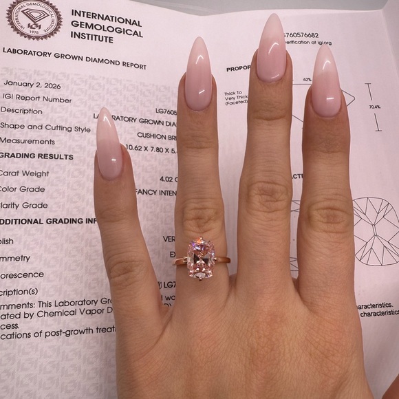 4.02 carat fancy pink antique cushion lab diamond compass prongs engagement ring - Picture 6 of 11